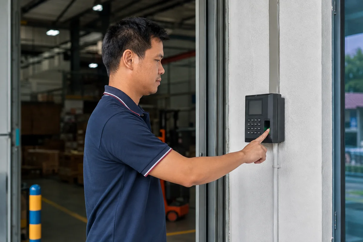 Employee clocking in on a wall-mounted fingerprint attendance terminal at a Malaysian workplace
