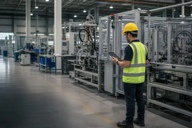 Factory supervisor reviewing a production line on a tablet