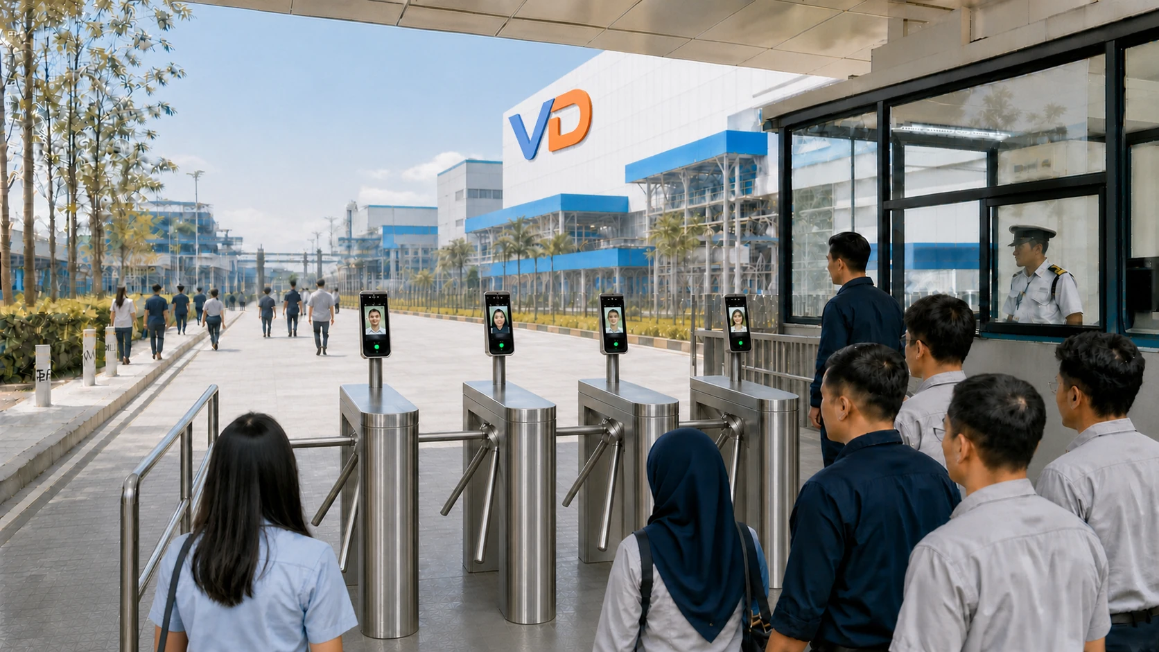 FingerTec face-recognition terminals installed on factory access-control turnstiles