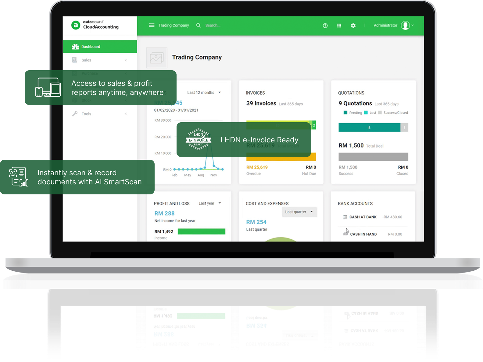 AutoCount Cloud Accounting dashboard shown on a laptop