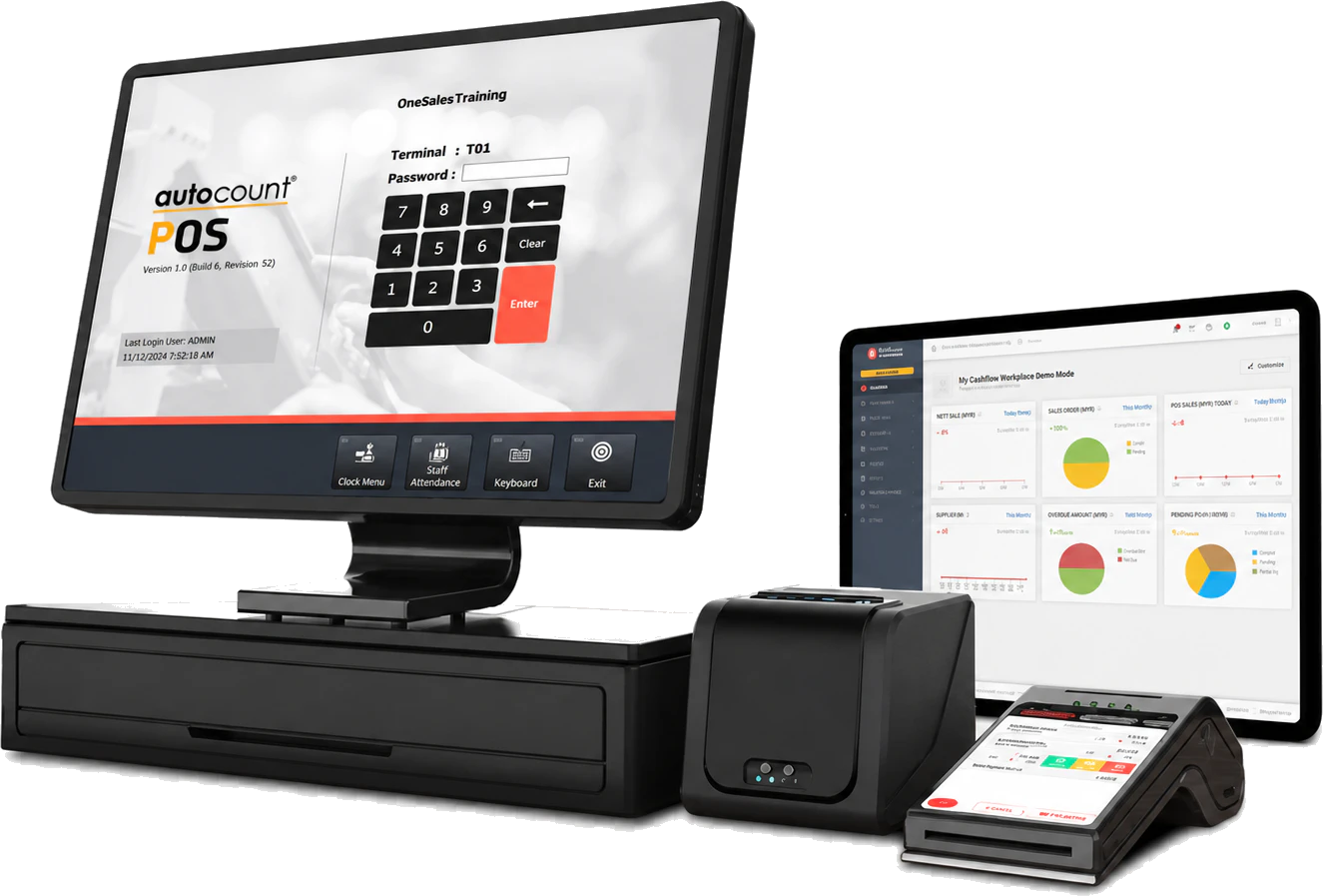 AutoCount OneSales POS counter hardware with sales terminal, cash drawer, receipt printer and management dashboard